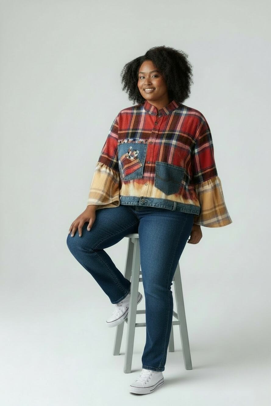 Upcycled Cropped Flannel Shirt Jean Elements Boxy BOHO Countrycore Size XXL